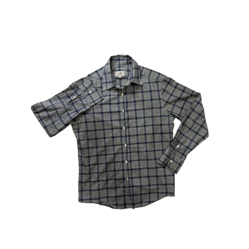 Dunhill London Mens Blue Grey Check Plaid Cotton Button Down Shirt Size M